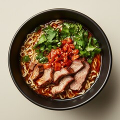 Delicious Ramen Bowl with Tender Meat and Fresh Herbs Garnish