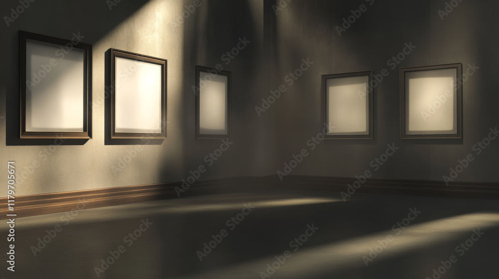 Aufkleber top view of empty gallery with blank picture frames illuminated by spotlights. vector realistic inte