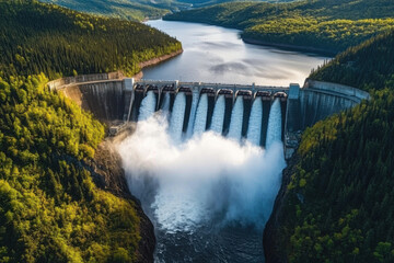 Fototapeta premium Hydroelectric dam with cascading water in forest