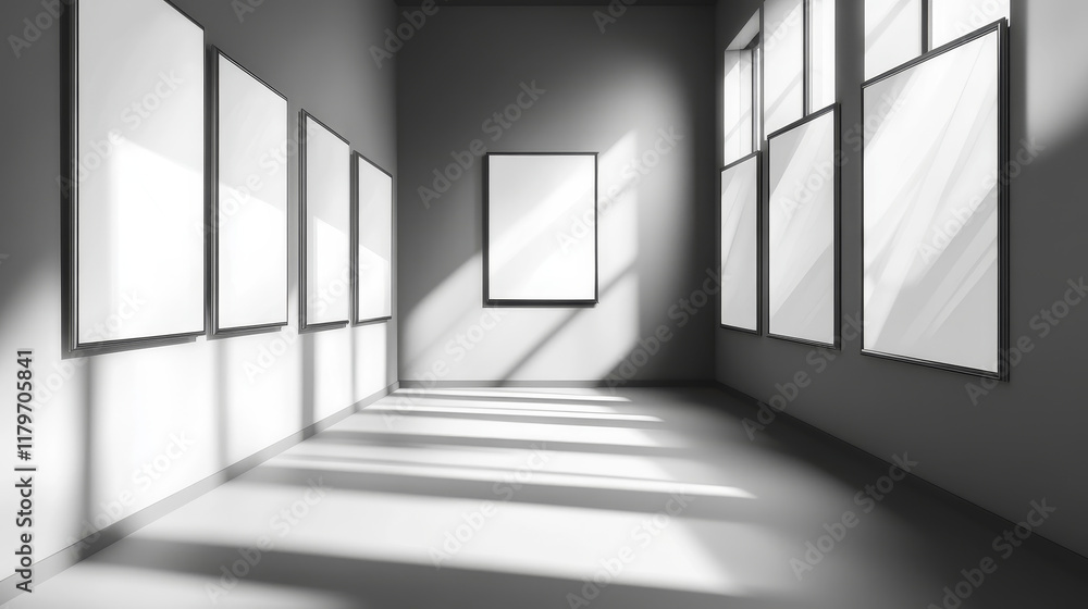 Aufkleber top view of empty gallery with blank picture frames illuminated by spotlights. vector realistic inte