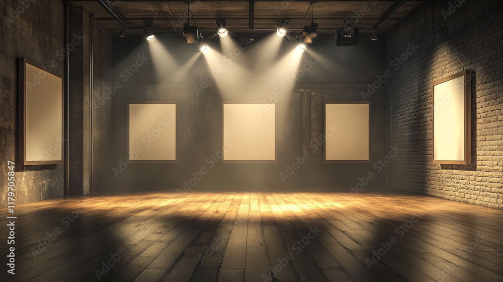 Poster top view of empty gallery with blank picture frames illuminated by spotlights. vector realistic inte