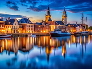 Fototapeta premium Kampen at Night: Long Exposure Photography of Dutch Island Town