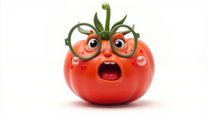 A quirky, eye-level close-up of a 3D tomato wearing trendy green specs, sporting a playful squiggle face with serious, forward-facing eyes