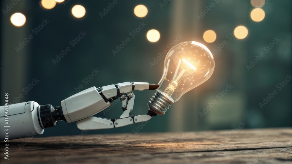Poster a robotic hand gently holds a glowing light bulb, symbolizing innovation and the convergence of tech