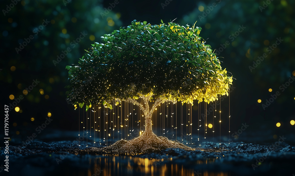 Poster a glowing tree surrounded by softly illuminated lights, creating a magical atmosphere in a serene na