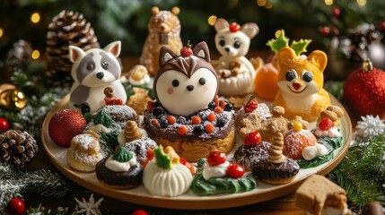 Playfully designed animal-themed desserts sit on a festive platter, surrounded by holiday decor, making the perfect whimsical treat for celebrations.