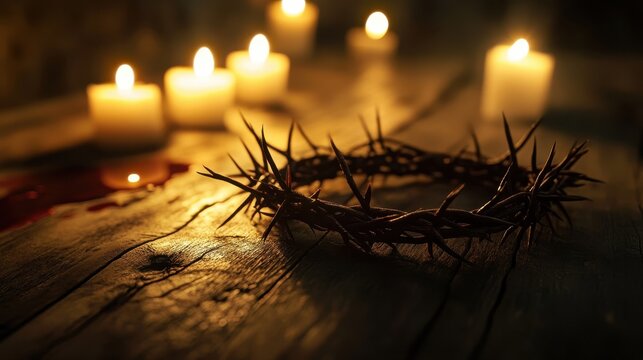 A crown of thorns on wood with dramatic shadows cast by nearby candles in a dim room