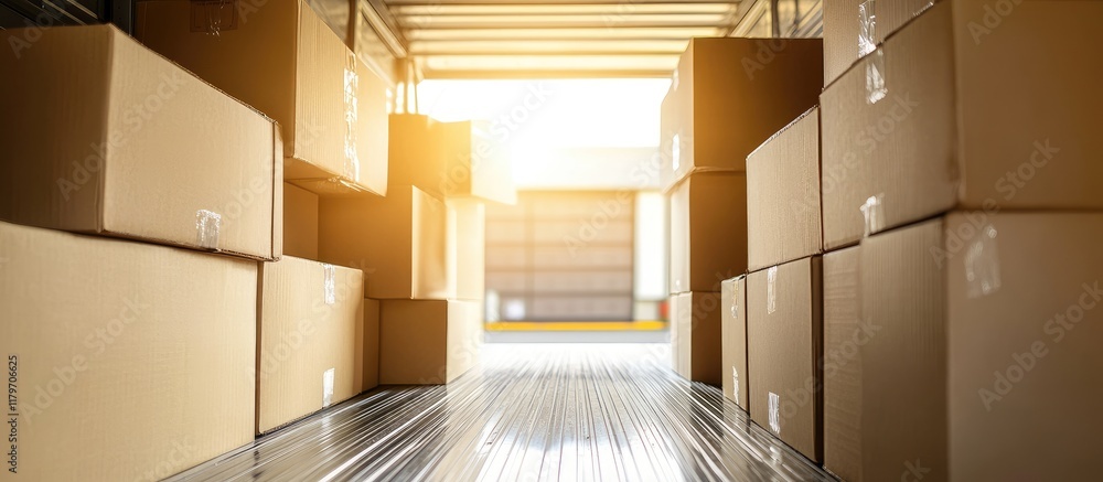Poster boxes stacked in a moving truck illuminated by bright lighting with ample empty space for customizab
