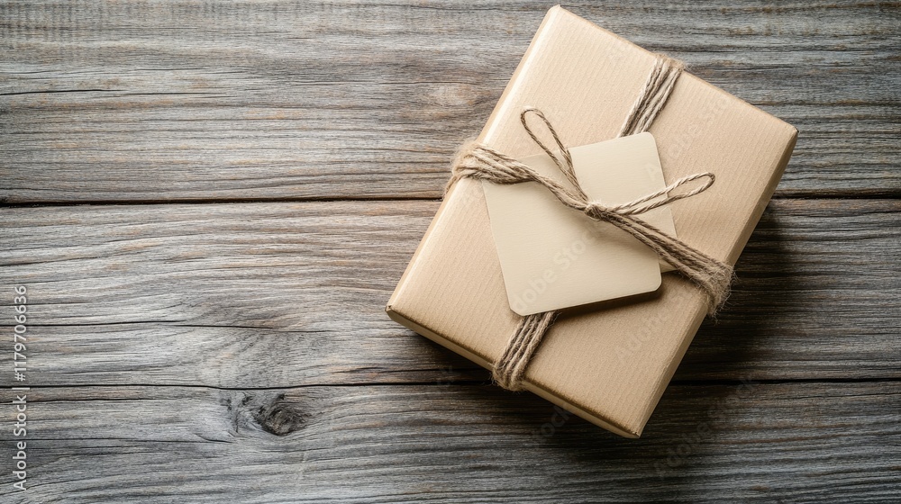 Poster brown gift box tied with string on rustic wooden table blank tags for messages and copy space for ho