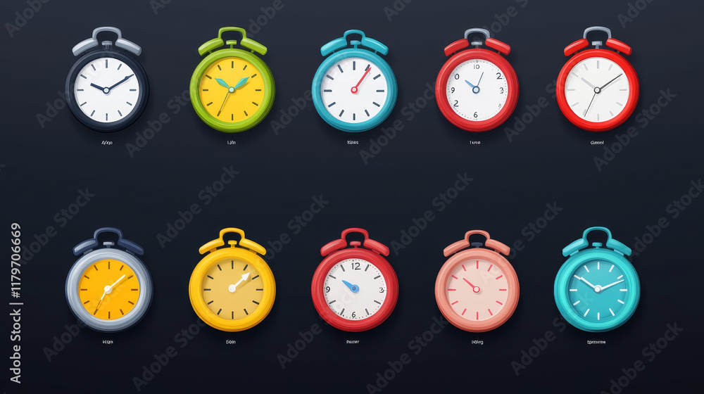 Aufkleber clock game icons, time animation sprite sheet. alarm clock with moving arrows sequence frame. watche