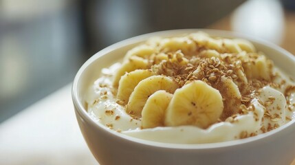 Healthy breakfast bowl featuring yogurt topped with fresh bananas and crunchy cereal for a nutritious start to the day