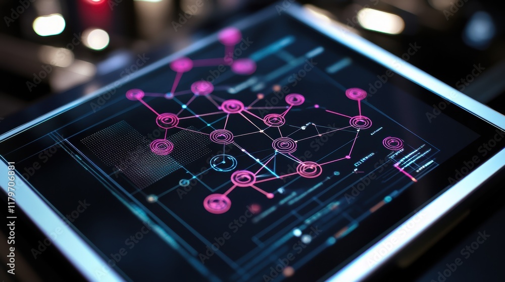 Poster futuristic digital tablet displaying a visualization of a manufacturing process with interconnected 
