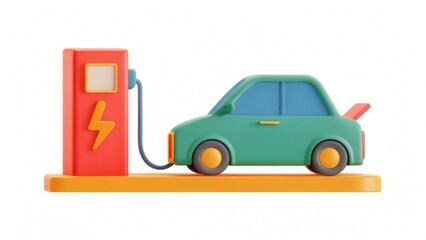 A colorful, stylized electric car charging at a vibrant charging station, showcasing modern energy solutions.