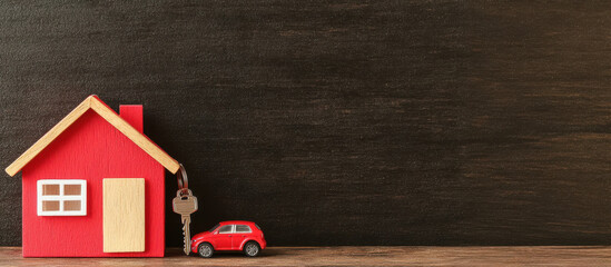 Car and house insurance concept, bright red house model with keys and small car on wooden surface