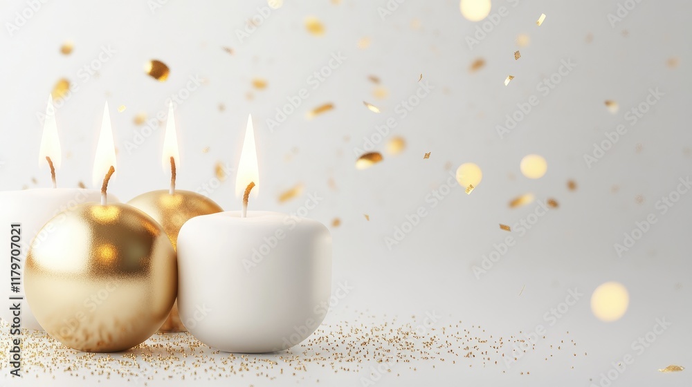Aufkleber elegant arrangement of white and gold candles with festive confetti on a soft background creating a 