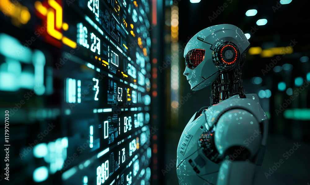 Poster a futuristic robot stands beside a digital display, showcasing advanced technology and innovation in