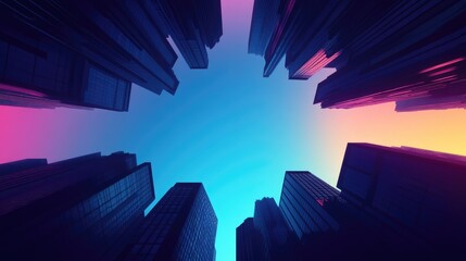 Low angle view of skyscrapers against a vibrant sunset sky.