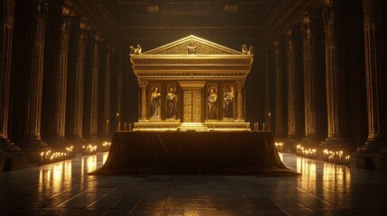 Naklejka premium A golden tabernacle with biblical scenes on a velvet altar casting deep shadows