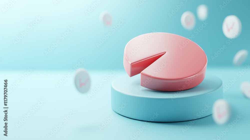 Poster business trends data analysis graph concept. a stylized pie chart in pink sits on a light blue pedes