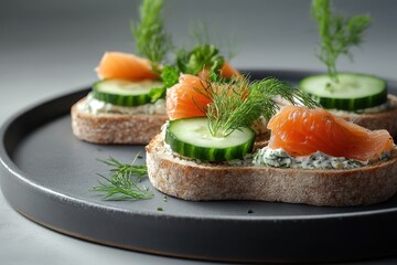 Warm bagels with dill cream cheese salmon and cucumbers