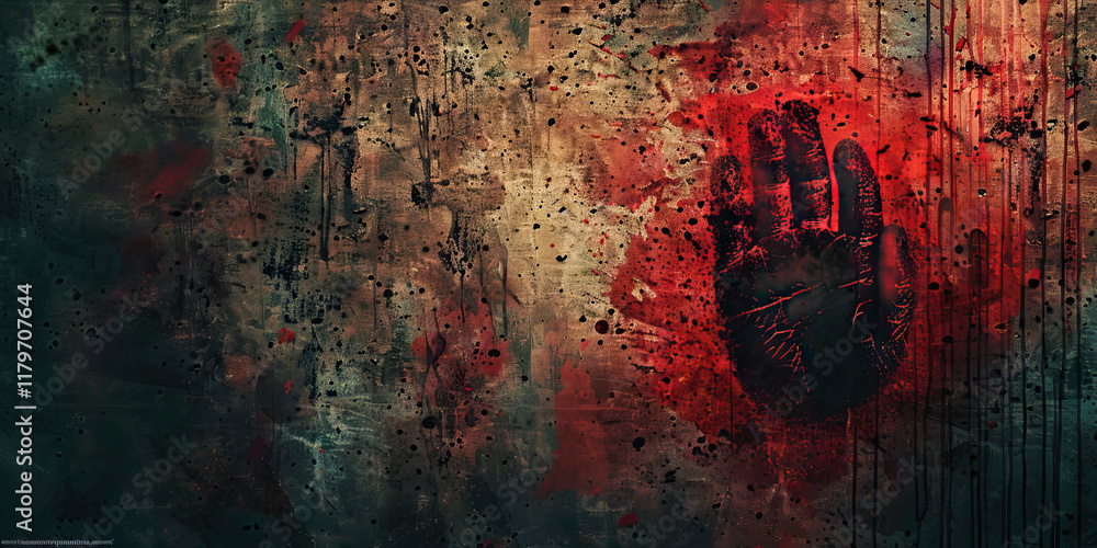 Poster abstract handprint on textured background with red spatter