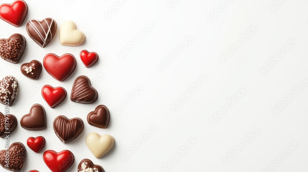 Poster assorted heart-shaped chocolate confections on white background with empty space for text ideal for 