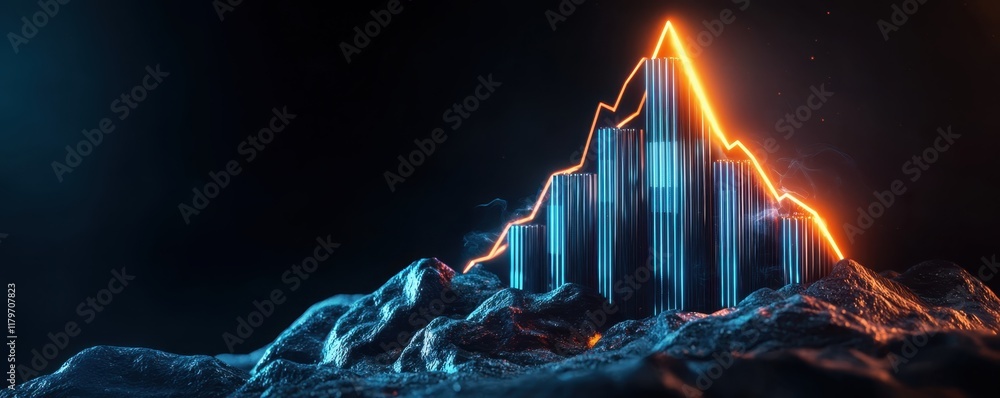 Poster business trends data analysis graph concept. a vibrant, futuristic mountain-like structure with glow