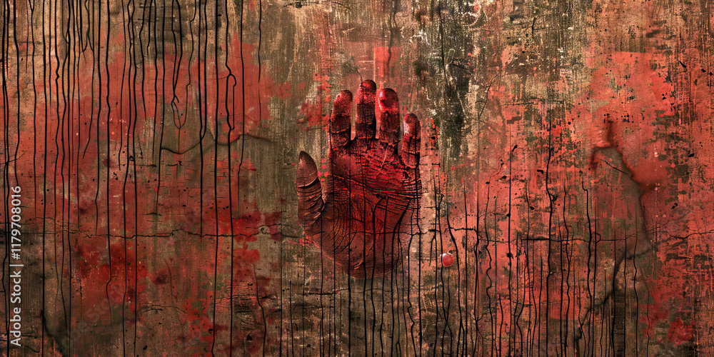 Poster red handprint on distressed surface with drips