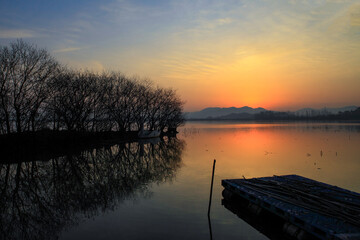 Tranquil Moments of Nature: Birds, Sunsets, and Serene Landscapes. Winter Morning Landscape of Junam Reservoir in Changwon, South Gyeongsang Province, South Korea