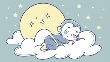 A cute, cartoonish baby sleeps peacefully on fluffy clouds, surrounded by stars and a large, smiling moon in a serene night sky.