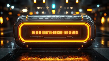 Obraz premium Futuristic Data Container Glowing Night City Cyberpunk Background.