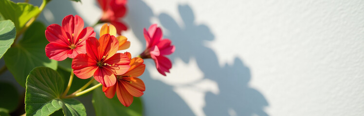 Obraz premium A Cluster Of Colorful Geranium Flowers Casts Sun Shadows On A White Wall In A Shallow Depth Of Field Effect. 00003
