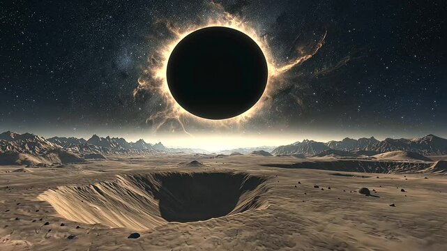 Alien Landscape with Black Hole and Rocky Terrain