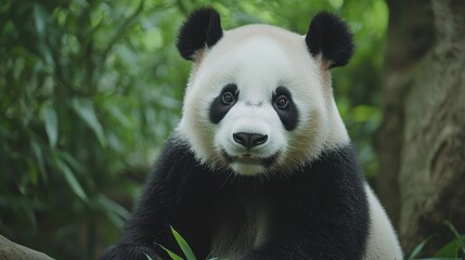 Naklejka premium A cute panda sits amidst lush green foliage, showcasing its distinct black and white fur, exuding a sense of calm and curiosity.