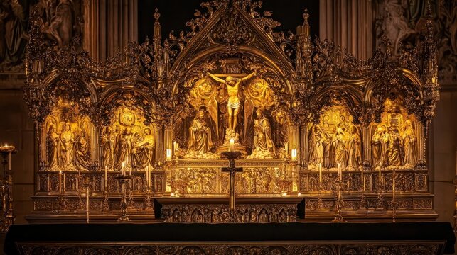 A majestic gold tabernacle with saint carvings softly illuminated by surrounding candles