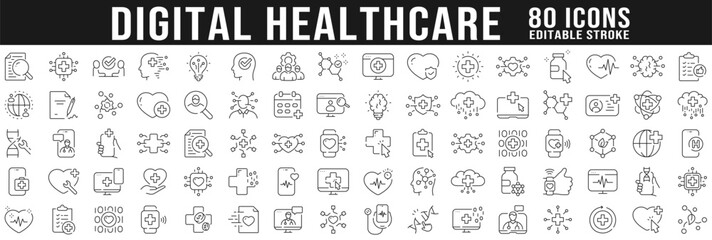 Big set of digital healthcare line icons. Diagnosis, technology, app etc. Editable stroke