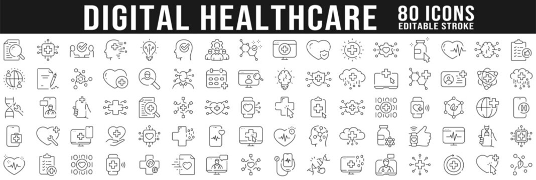 Big set of digital healthcare line icons. Diagnosis, technology, app etc. Editable stroke