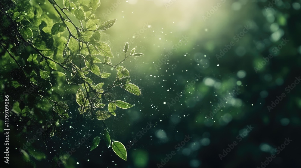 Poster Lush green leaves illuminated by sunlight with bokeh effect and shimmering droplets in a tranquil nature setting