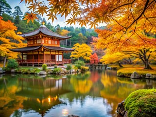 Kyoto Autumn Serenity: Golden Leaves and Ancient Temple Depth of Field