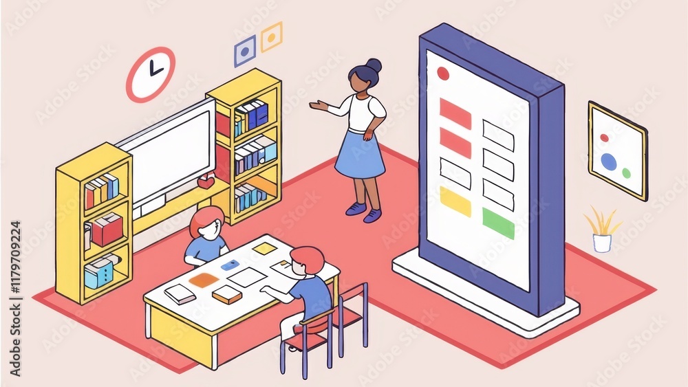 Poster a colorful classroom scene with a teacher guiding students at a table, surrounded by bookshelves and