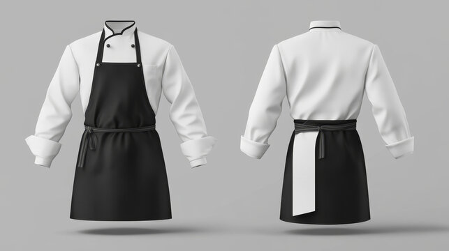 Waist apron, chef kitchen uniform mockup. Black and white clothing front and rear view isolated on transparent background. Restaurant staff protective apparel design, Realistic 3d vector illustration