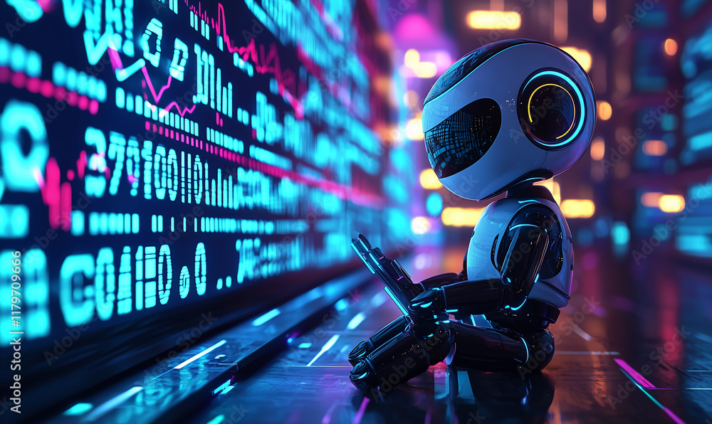 Poster innovative fintech robot analyzing financial data virtual banking environment futuristic technology 