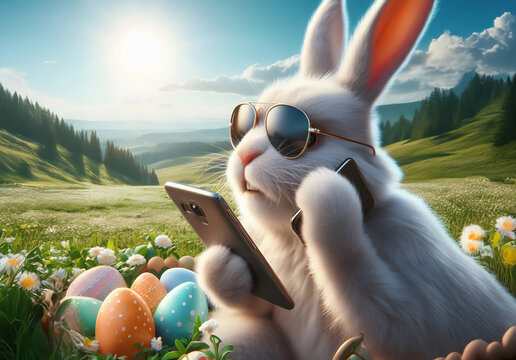 Ein Osterhase liegt umgeben von bunten Ostereiern mit Sonnenbrille auf einer Wiese und h&auml;lt ein Handy in seiner Hand, copy space