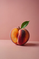 Juicy peach on pink background. Minimalistic and appetizing image. Perfect for food photography, culinary blogs and summer projects