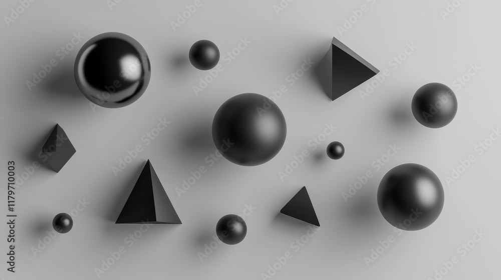 Poster 3d render black geometric shapes objects set isolated on grey background. black realistic primitives