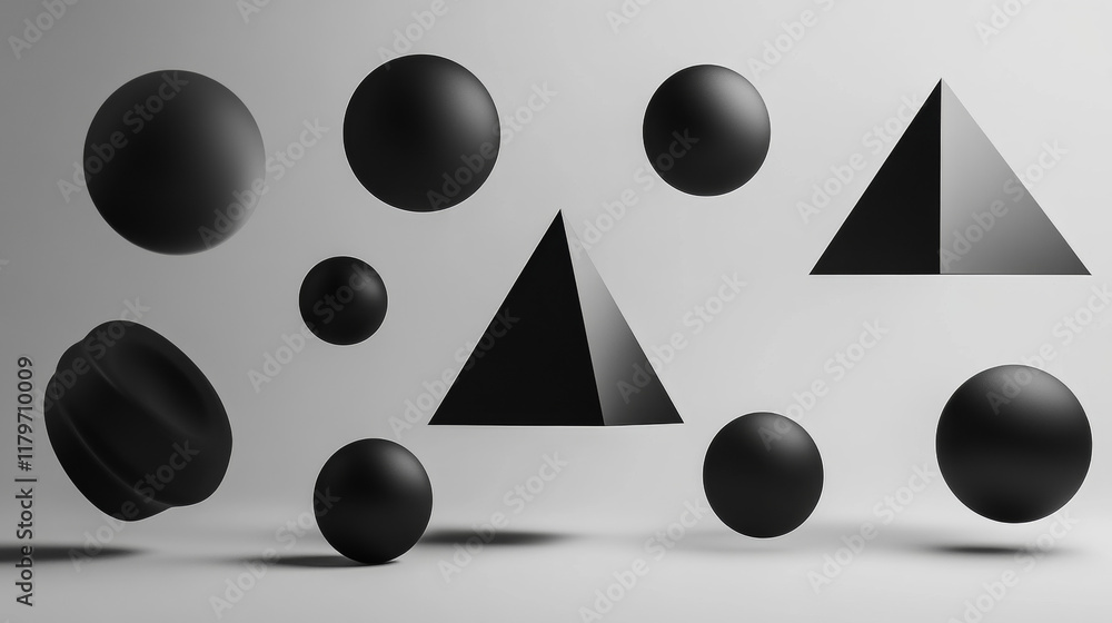 Poster 3d render black geometric shapes objects set isolated on grey background. black realistic primitives