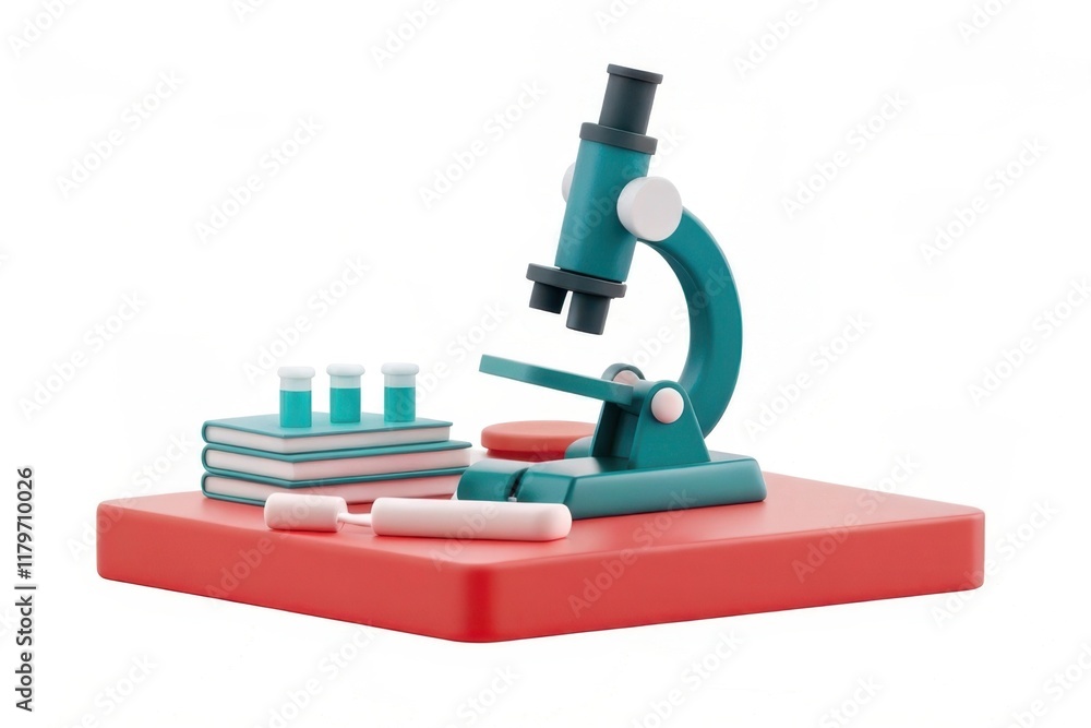 Poster a colorful, modern microscope sits on a red platform with test tubes and books, symbolizing scientif