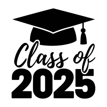 Class of 2025, graduation cap, vector black silhouette graphic