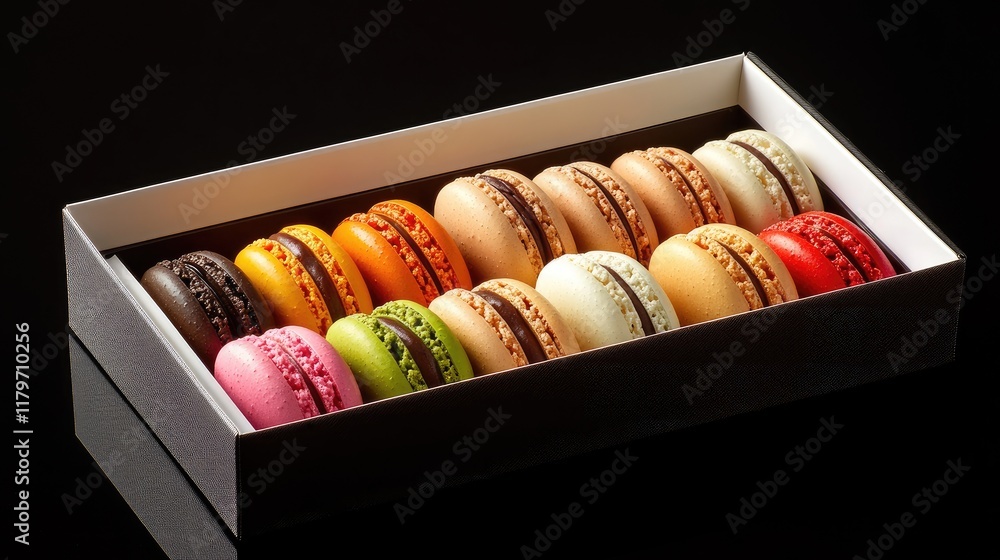 Poster Colorful macarons arranged in a box on a dark background with ample empty space for text or branding purposes
