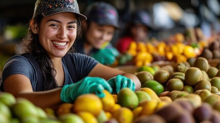 Fototapeta premium Smiling workers in hats and gloves prepare a vibrant display of fresh kiwis and other fruits at the market, highlighting colorful and fresh produce.
